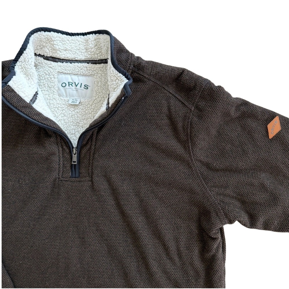 Orvis Men's XL Brown Honeycomb Textured Sherpa Lined Quarter Zip Fleece Pullover